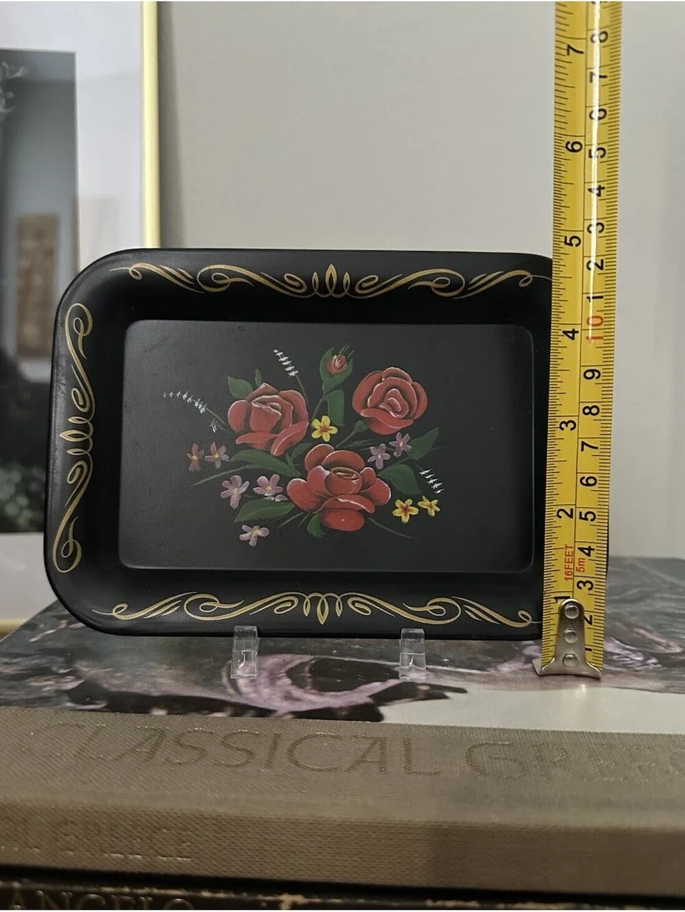 Vintage Black Metal Rectangular Hand Painted Red Roses Floral Tray 7”x4.5”